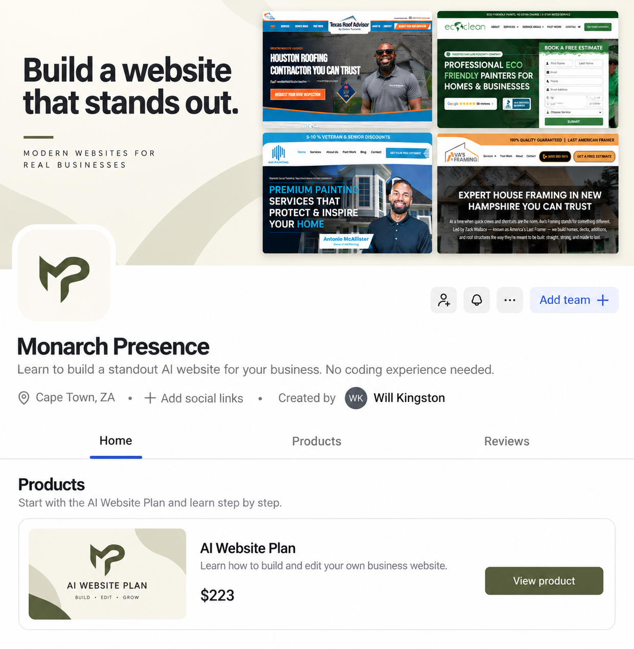 Monarch Presence AI Website Plan on Whop